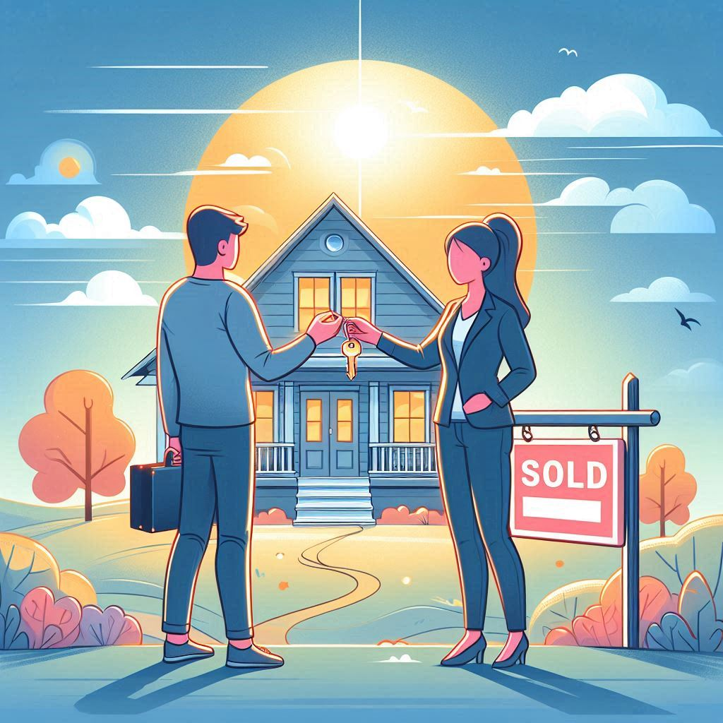 realtor giving new home buyer keys with a sold sign