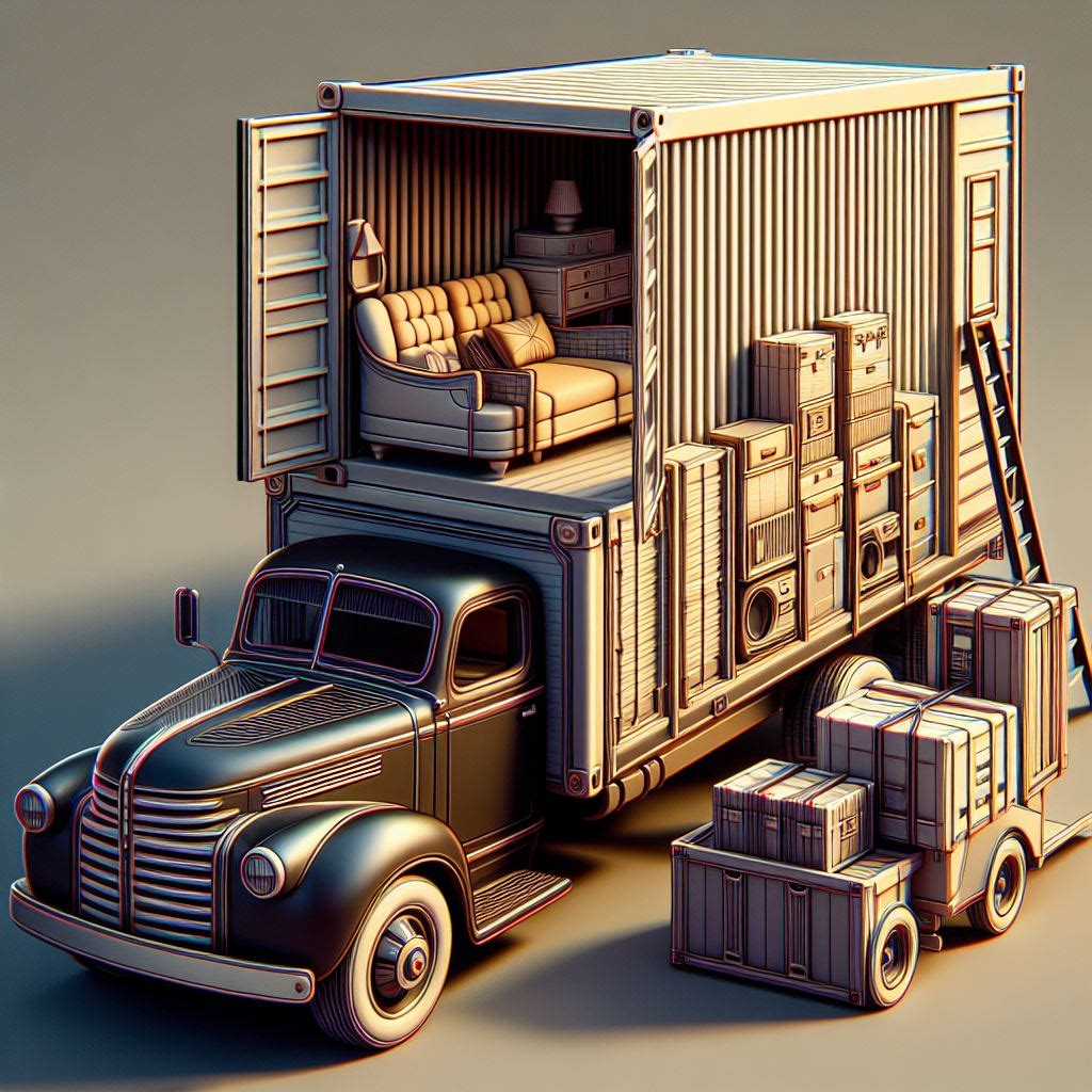 An image of an old fashioned moving truck with old fashioned luggage