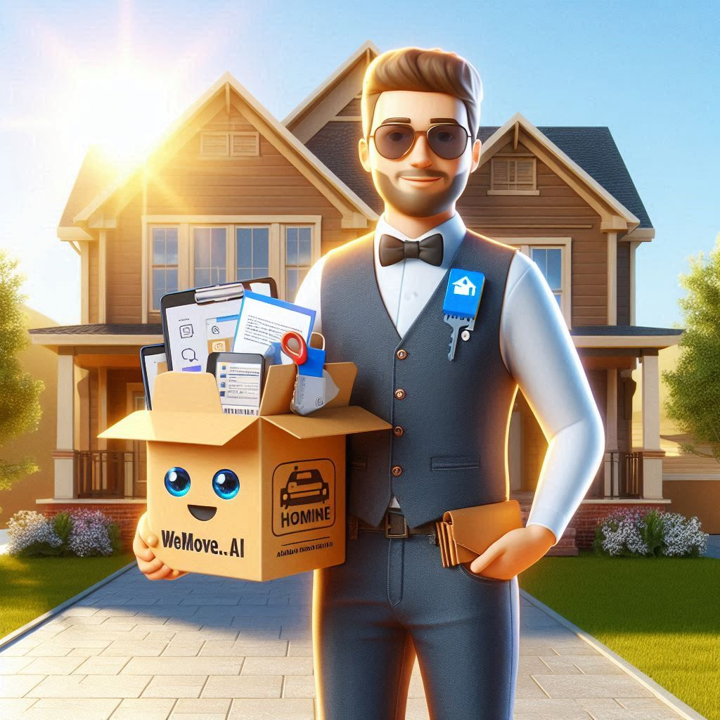 Real estate agent standing in front of a house with a box full of tools