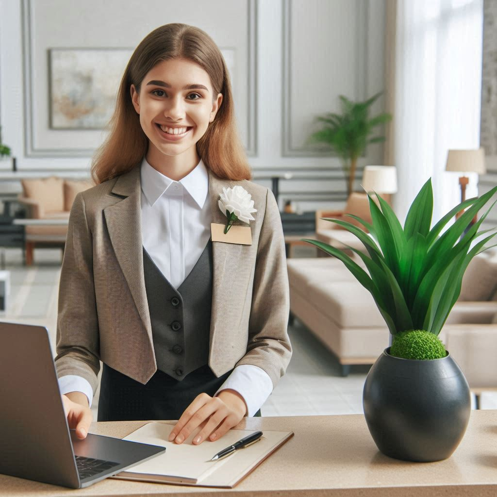 a female concierge standing in front of a desk with a computer