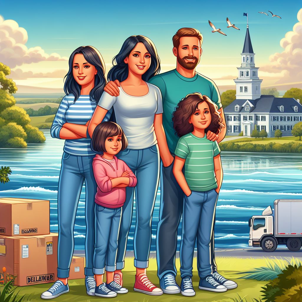 A family standing in front of the bay with a moving truck and moving boxes with a home in the background