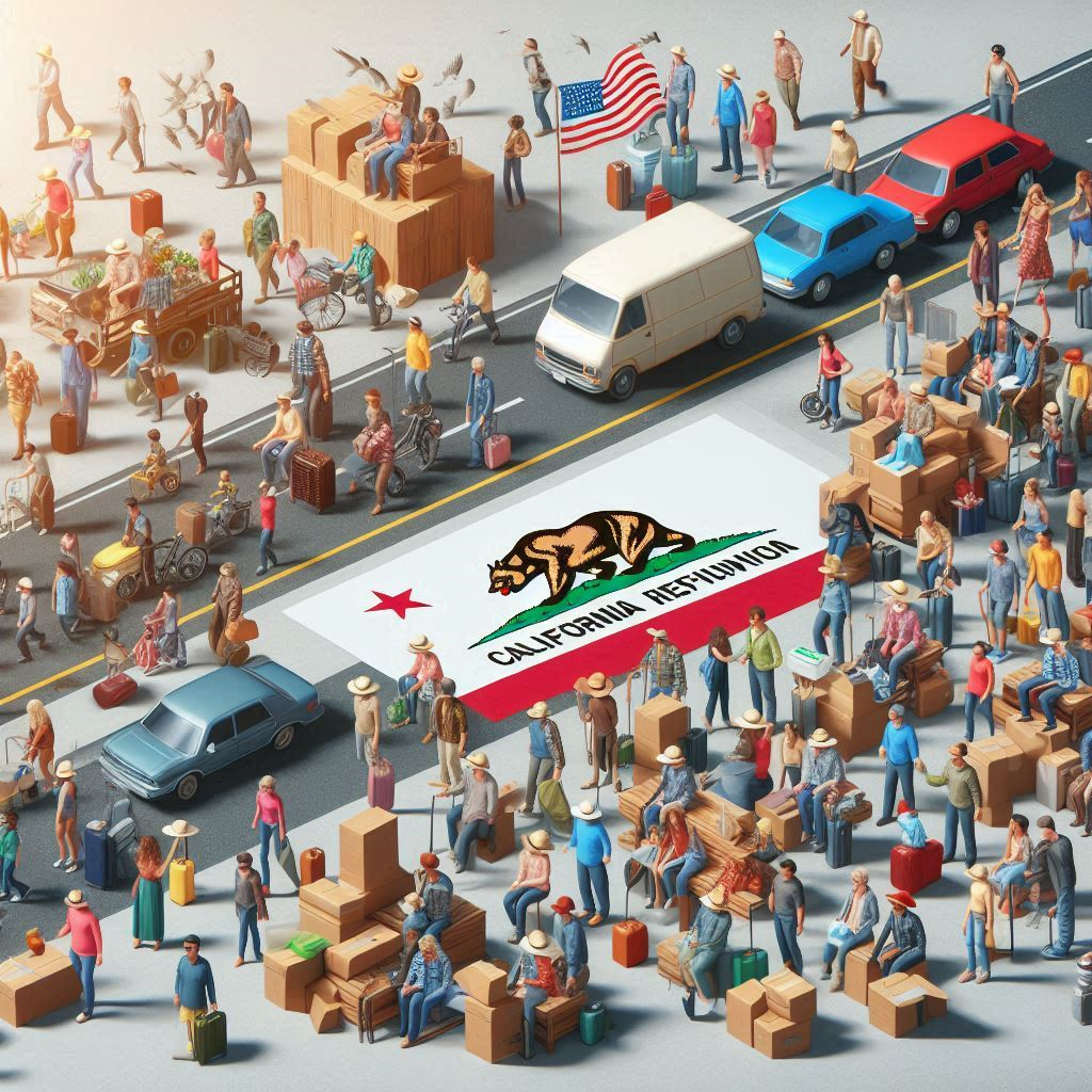 California state flag with cars and people driving away from it