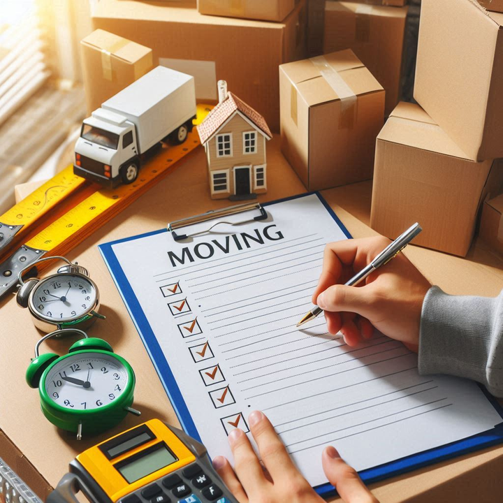 An image of a clock winding down, a calculator, a moving truck, moving boxes, and a moving checklist