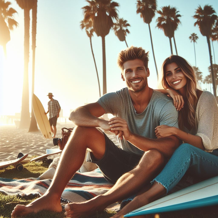 an image of a guy and a girl sitting on the beach next to their surfboard with palm trees and other surfers in California