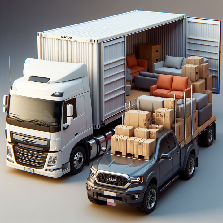 an image of a moving truck with a container on the back and a pickup truck full of boxes and furniture