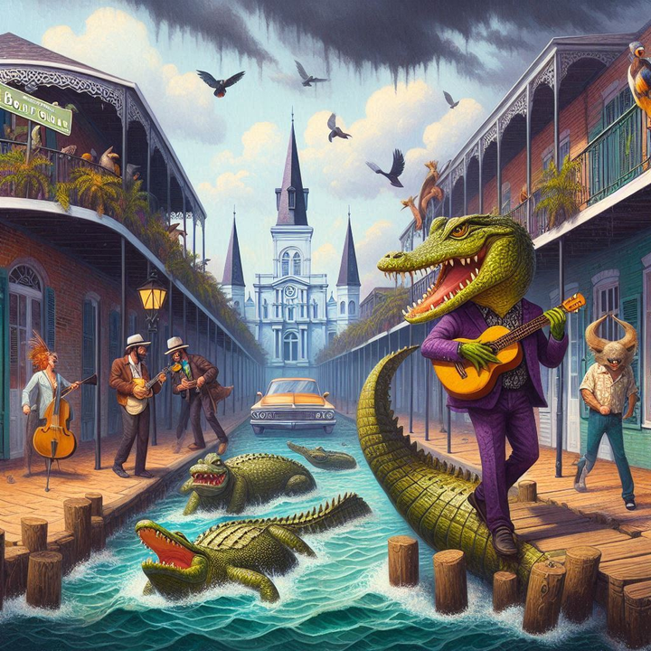 a picture of bourbon street and a river full of alligators with people playing music and a cab