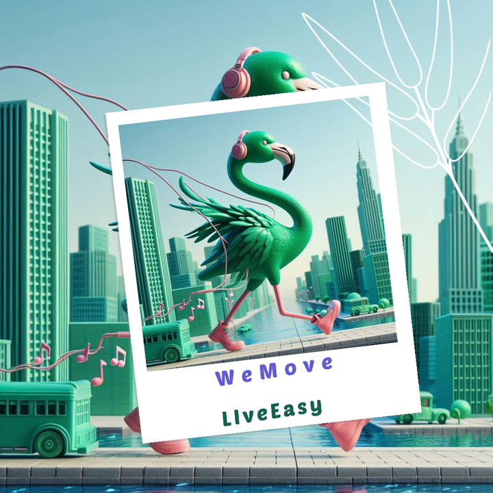 an image of a green city with a green flamingo with pink head phones